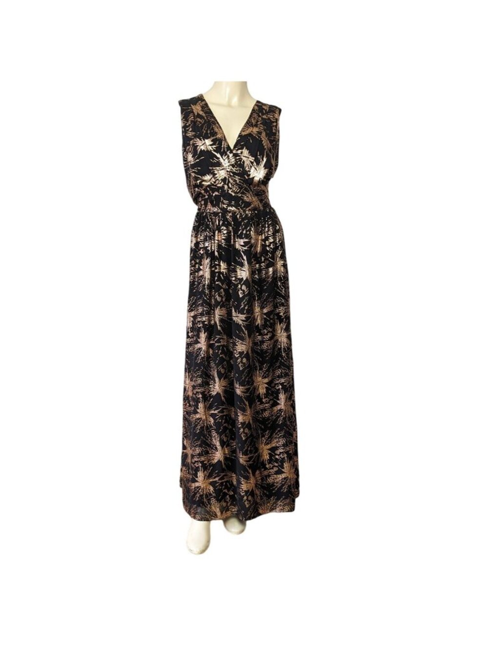 MAIA sleeveless V neck black and rose gold abstract splash print Maxi dress 10